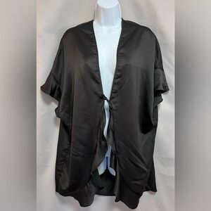 Victoria's Secret Women's Black Satin Robe Kimono Tie Front With Ruffle One Size